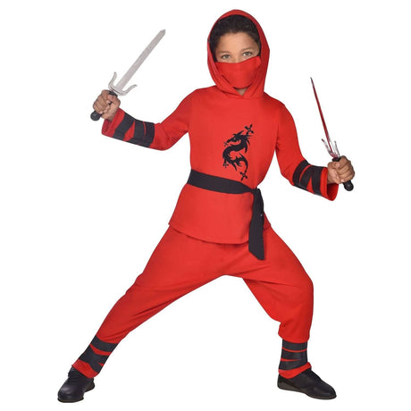 Child ninja warrior costume in red with black dragon design and toy swords from CLICKK Home Store