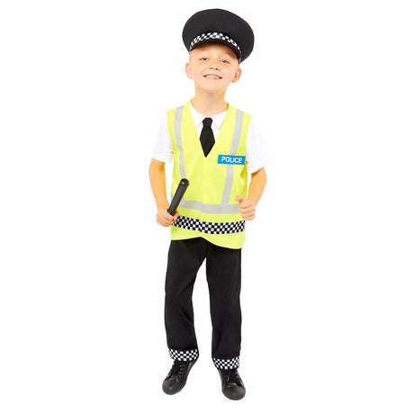Child police costume 6-8 years with yellow vest black pants and police hat for kids
