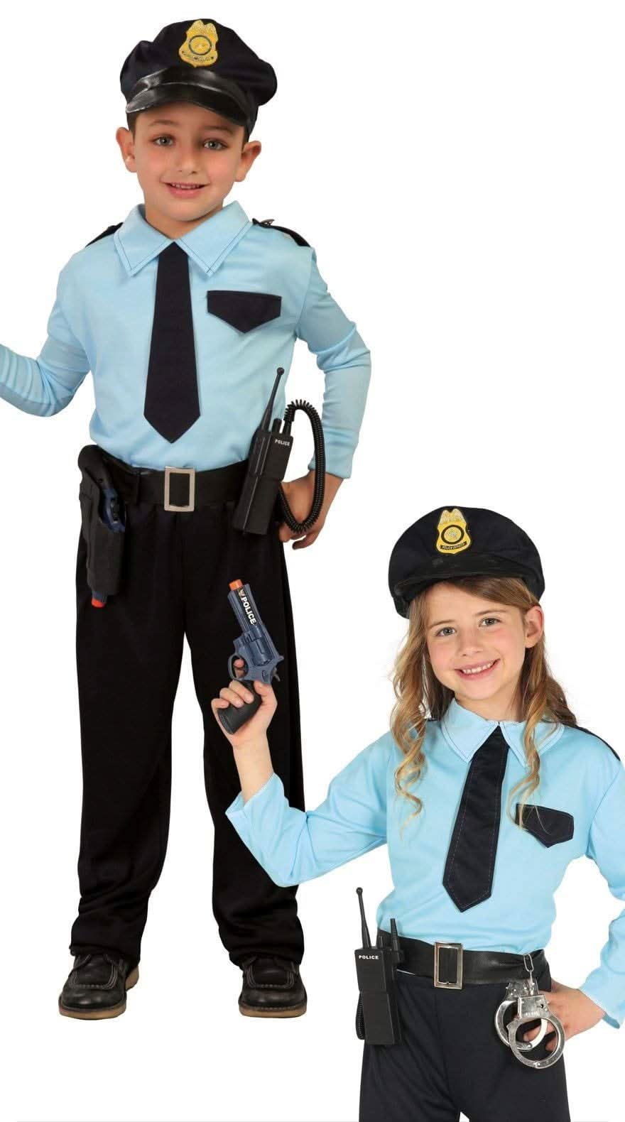 Two kids wearing child police officer costume 10-12 years with blue shirts, black pants, police hats, and accessories