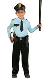 Child wearing a child police officer costume with light blue shirt, black pants, hat, and holding a baton