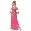 Child wearing a pink satin Child Pop Star Costume 10-12 with white faux fur cuffs and silver accessories