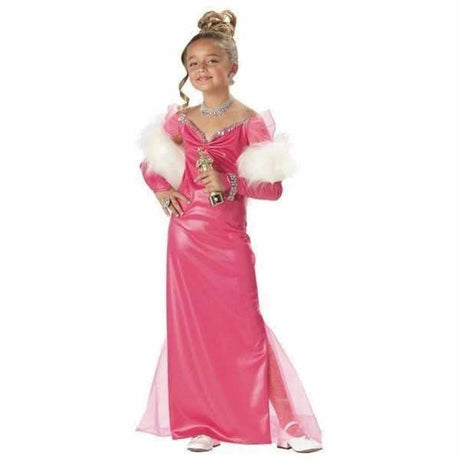 Child wearing a pink satin Child Pop Star Costume 10-12 with white faux fur cuffs and silver accessories
