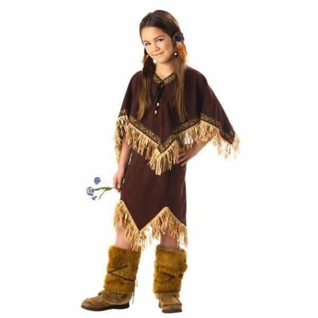 Young girl wearing brown fringed child princess costume with moccasin-style boots holding flowers