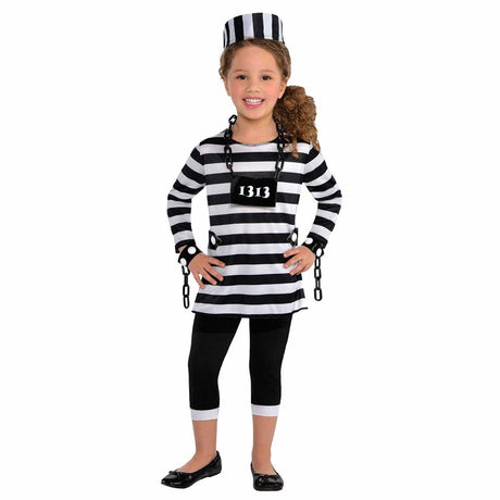 Girl wearing a child prisoner costume with black and white stripes, matching hat, and plastic chains