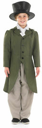 Child wearing a child regency boy costume with green coat, beige pants, white shirt, and black top hat