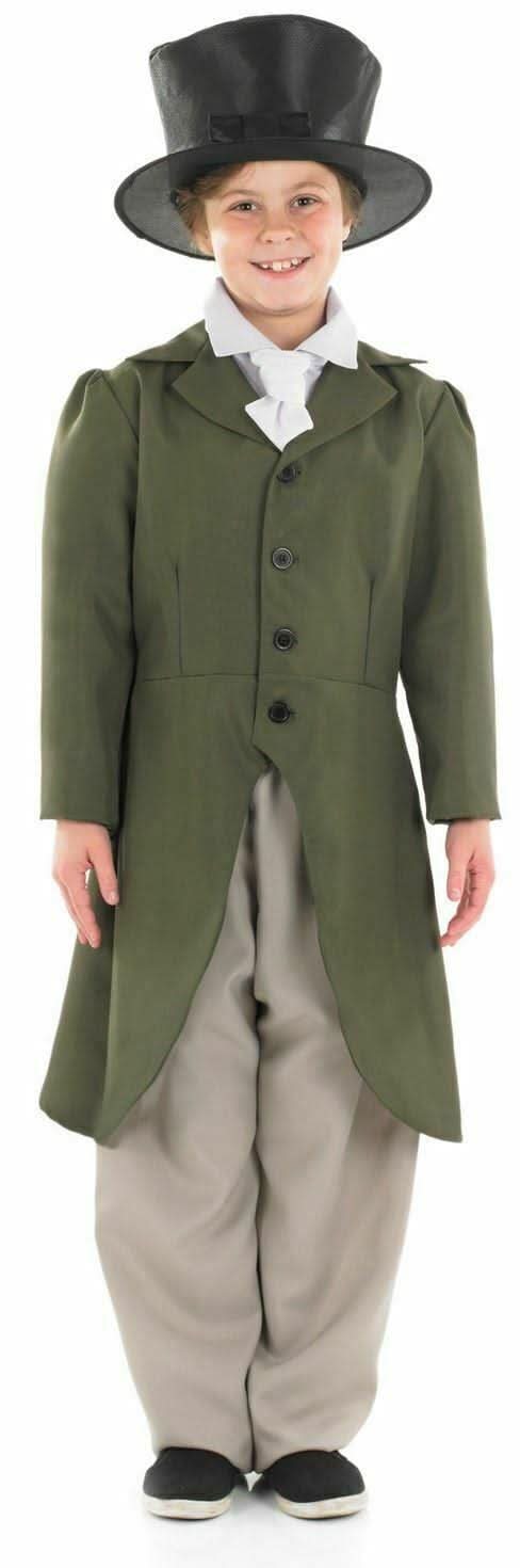 Child wearing a child regency boy costume with green coat, beige pants, and black top hat