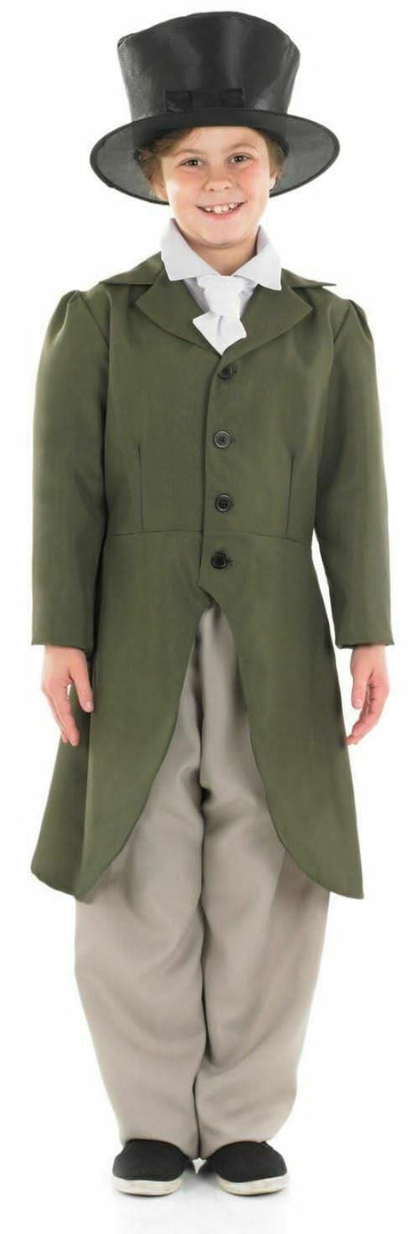 Child wearing a child regency boy costume with green coat, beige pants, and black top hat