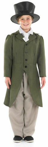 Child wearing a child regency boy costume with green coat, beige pants, white cravat, and black top hat