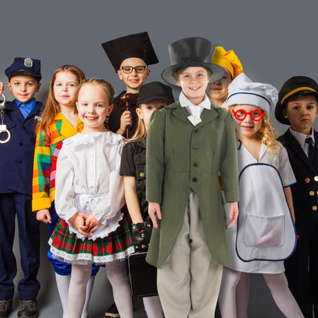 Group of children in fancy dress costumes including a child regency boy costume with a green coat and top hat
