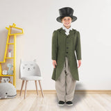 Child wearing a child regency boy costume with green coat and black top hat standing in a room