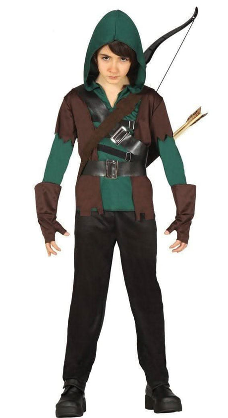 Child wearing Child Robin Hood Costume 7-9 Years with green hood, brown tunic, belt, and bow with arrows
