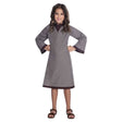Child Saxon girl costume 6-8 gray dress with brown trim worn by smiling young girl