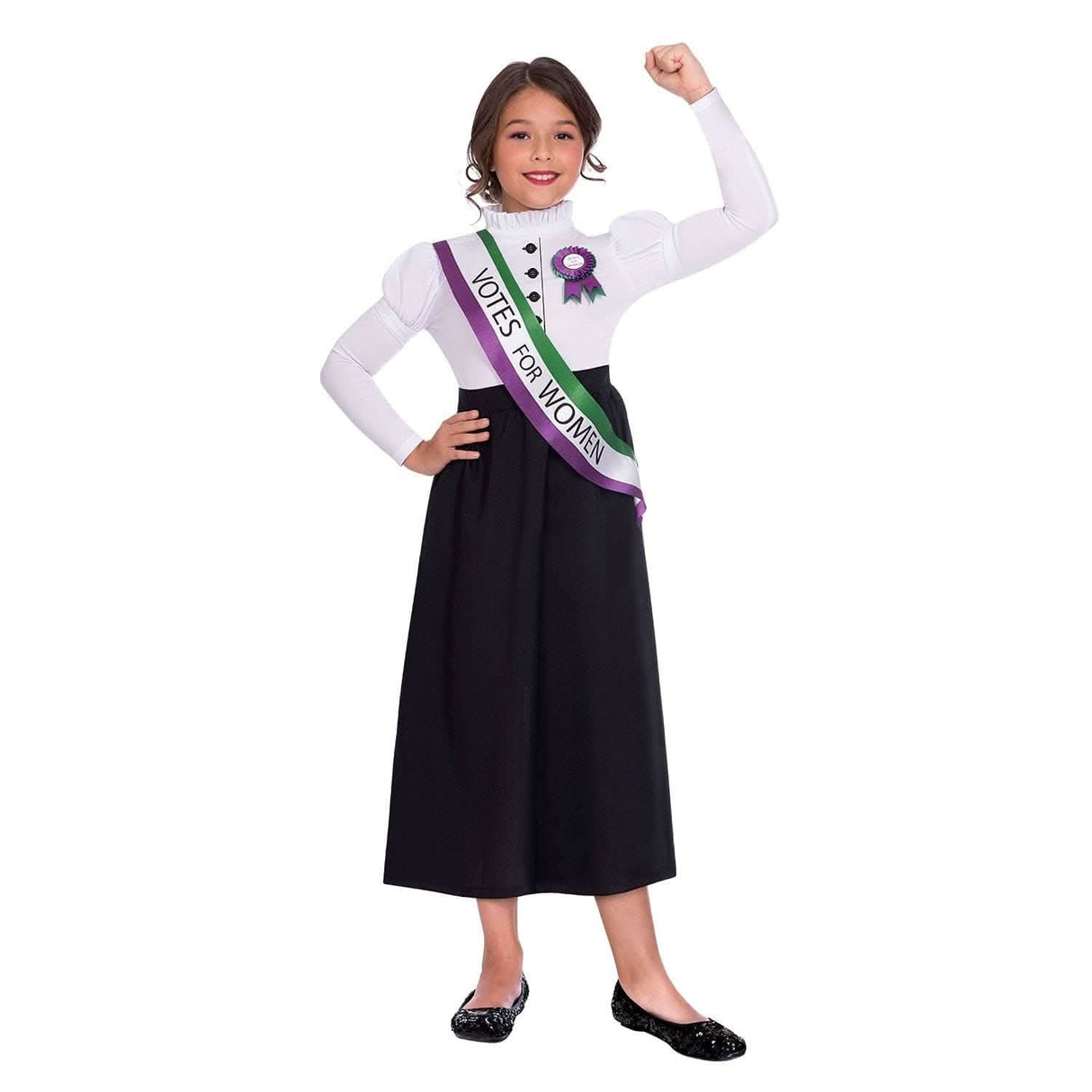 Girl wearing a child suffragette costume 4-6 years with votes for women sash and black skirt