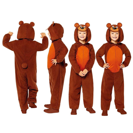 Child teddy bear onesie costume in brown and orange with hood featuring bear face and ears