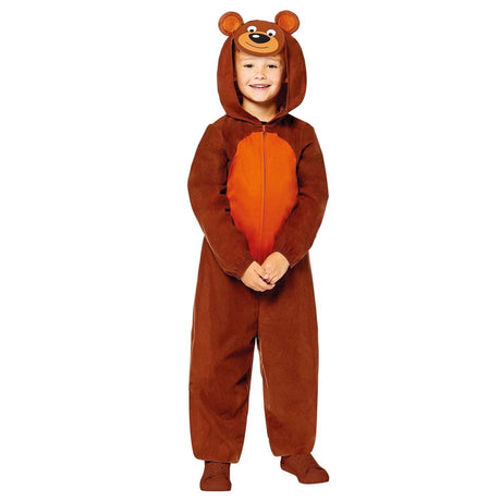 Child wearing a brown child teddy bear onesie costume with hood and bear ears from CLICKK Home Store