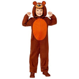 Child wearing a brown child teddy bear onesie costume with a hood featuring bear ears and face