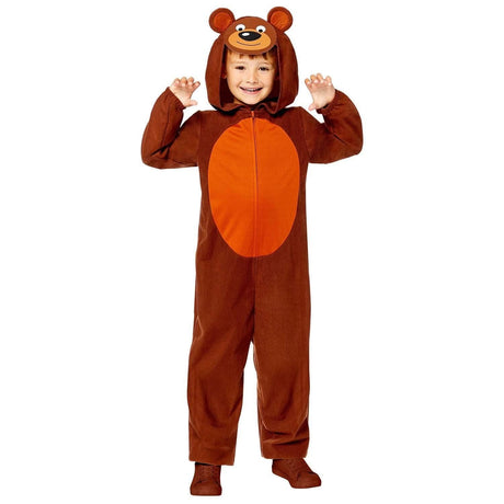 Child wearing a brown child teddy bear onesie costume with a hood featuring bear ears and face