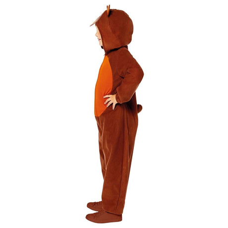 Child wearing brown and orange child teddy bear onesie costume with hood and tail from CLICKK Home Store