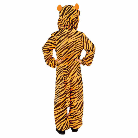 Back view of child tiger onesie costume with orange and black stripes and attached hood with ears