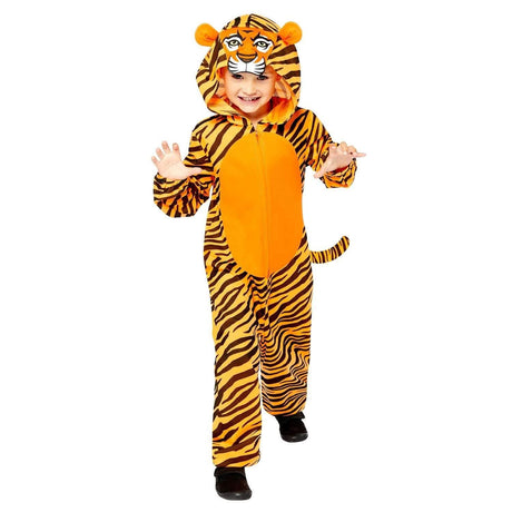 Child wearing a vibrant child tiger onesie costume with a hood featuring a tiger face and ears