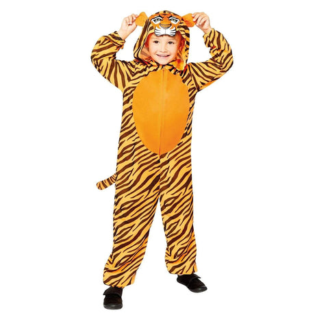 Child wearing a striped child tiger onesie costume with hood and tail for dress up
