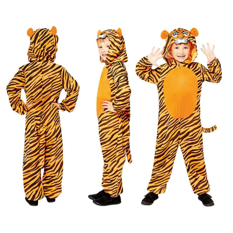 Child wearing orange and black striped child tiger onesie costume with hood and tail shown from front side and back