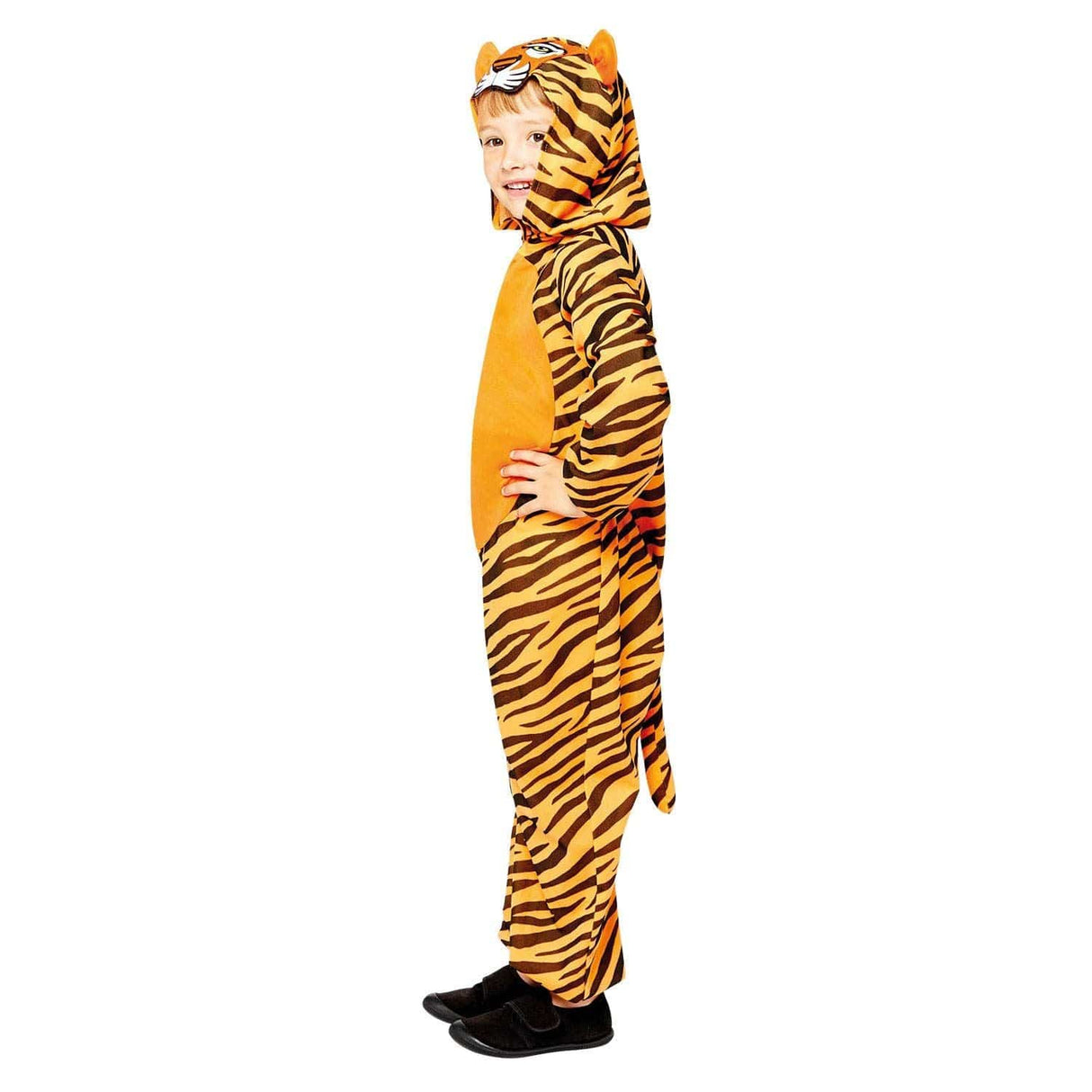 Child wearing a child tiger onesie costume with orange and black stripes and a hood with tiger face