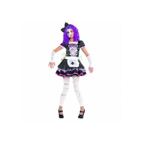 Child wearing a purple wig and black dress with white apron in a child zombie doll costume by Fancy Dress