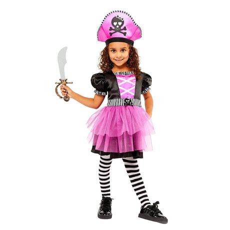 Child wearing a pink and black children's pirate costume with striped leggings and a toy sword