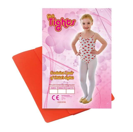 Christmas red tights for girls by Fancy Dress shown with packaging and child wearing white leotard