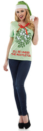 Woman wearing a green Christmas slogan t-shirt for women with mistletoe graphic and caption under the mistletoe