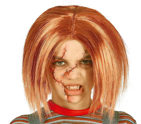 Child wearing a red and orange Chucky style doll wig with fake stitched scars on face for costume
