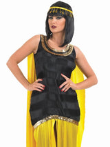 Woman wearing Cleopatra costume UK 8-10 with black dress and yellow cape from Womens Fancy Dress