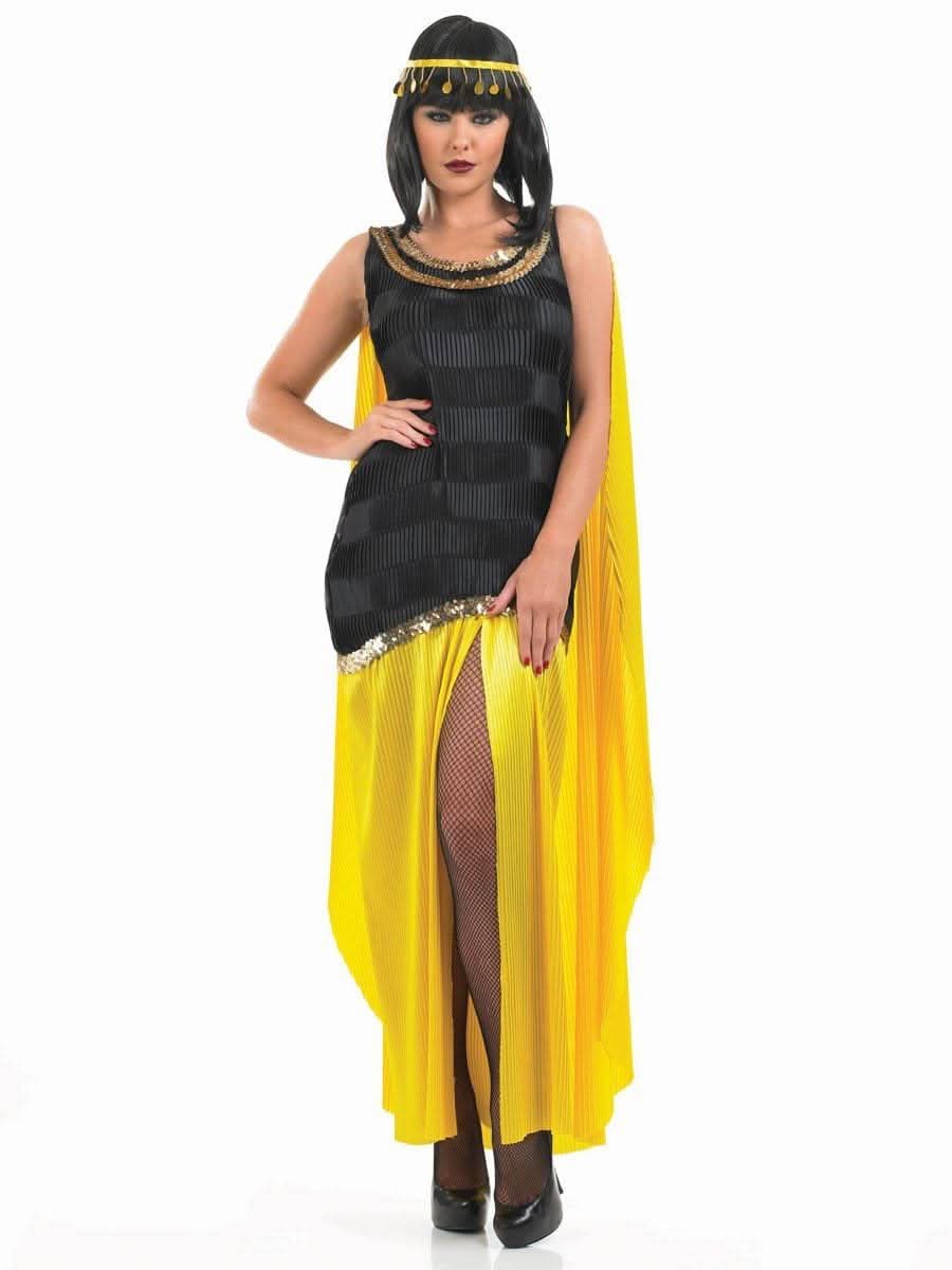 Woman wearing Cleopatra costume UK 8-10 with black and yellow dress and gold headpiece
