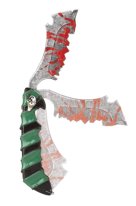Clown costume razor accessory with green and black handle and blood-splattered silver blade
