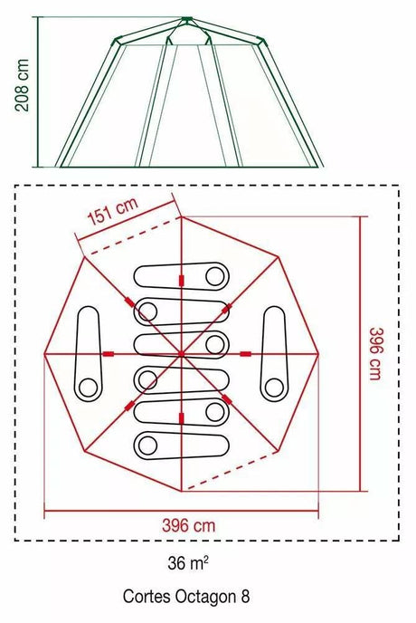 Technical drawing and dimensions of 8 person family camping tent Cortes Octagon 8 by CLICKK Home Store