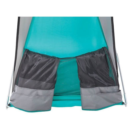 Close-up of mesh and fabric entry panels on a Coleman Event Dome tent for ventilation