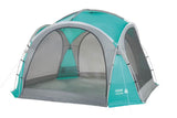 Coleman Event Dome tent in teal and gray with mesh windows and open front for outdoor events