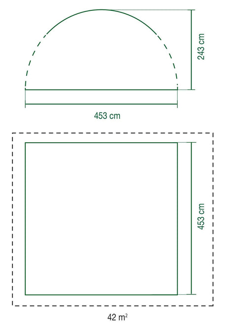 Dimensional diagram of Coleman Event Dome XL shelter showing height of 243 cm and floor area of 42 square meters