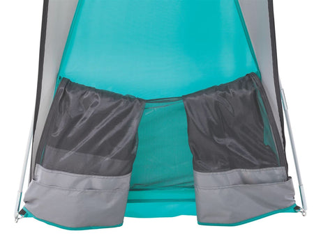 Close-up of the entrance mesh and fabric detailing of Coleman Event Dome XL shelter in teal and gray colors
