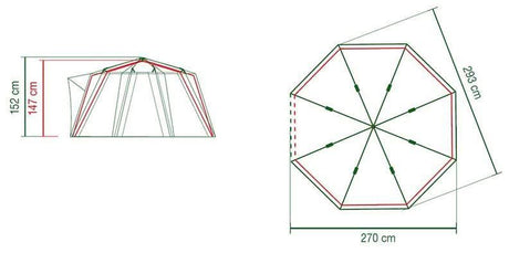 Detailed diagram showing dimensions and structure of Coleman OctaGo 3 person tent with octagonal shape