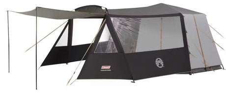Coleman octagon tent extension with attached awning and large clear windows for extra camping space