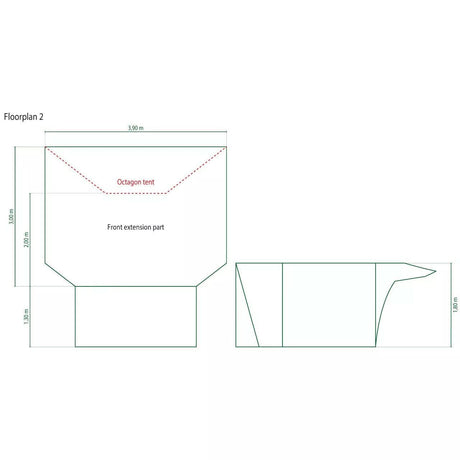 Diagram showing floor plan and side view measurements of Coleman octagon tent extension by CLICKK Home Store