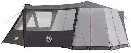 Coleman octagon tent extension in gray with large mesh window and secured with ropes