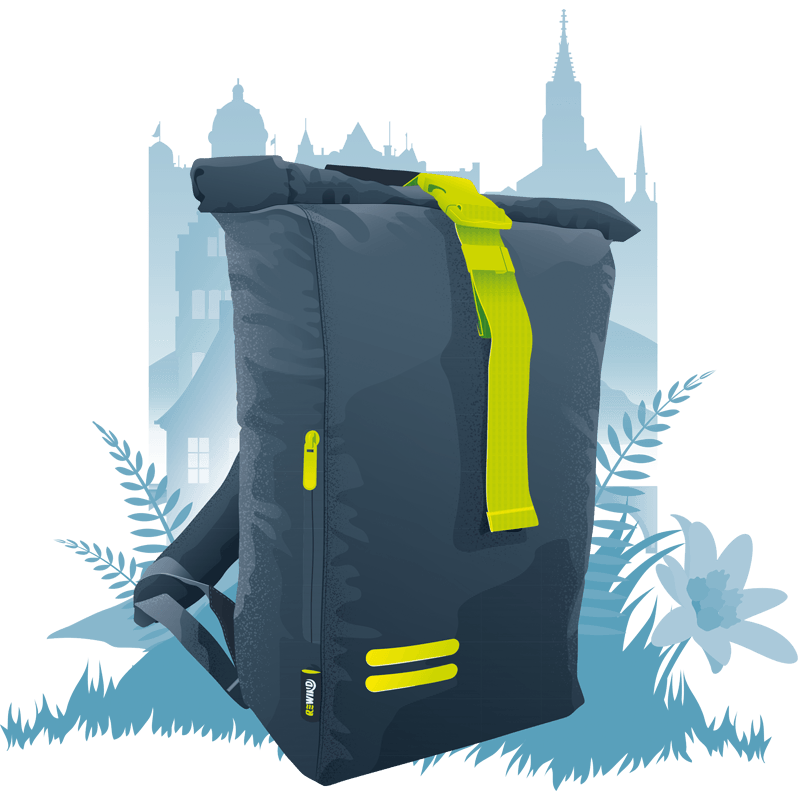 Stylish navy blue lightweight commuter backpack with bright yellow accents and zipper pocket