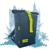 Stylish navy blue lightweight commuter backpack with bright yellow accents and zipper pocket