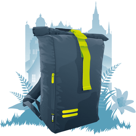 Stylish navy blue lightweight commuter backpack with bright yellow accents and zipper pocket
