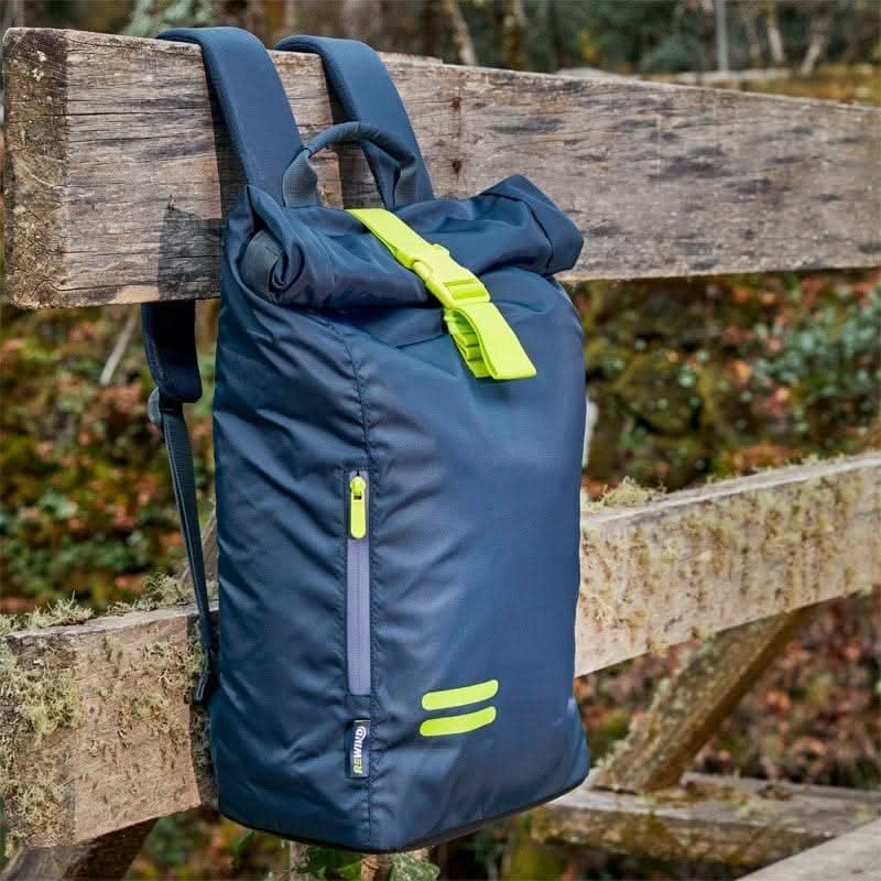 CLIKK lightweight commuter backpack in navy with a roll-top closure and reflective details