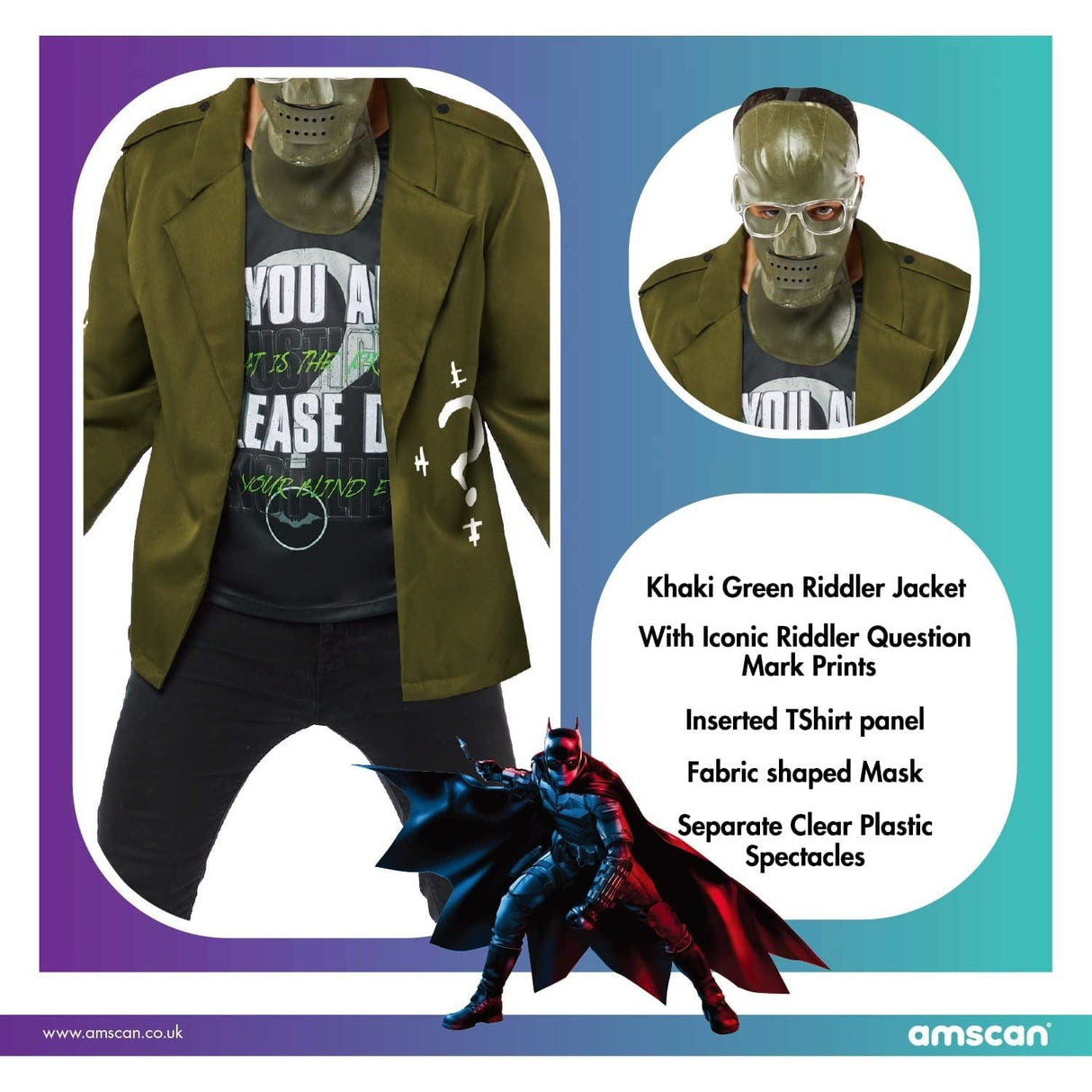 Mens Fancy Dress 9913386 Men's The Riddler Batman Movie Fancy Dress Costume - XL