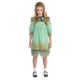 Creepy girl Halloween costume with green tattered dress and black bow for spooky kids